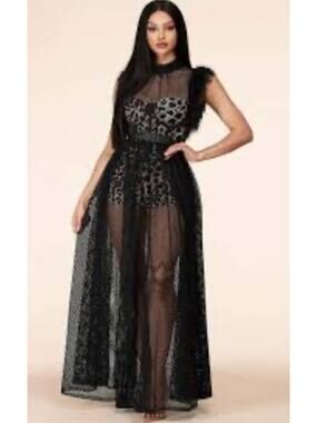 Latiste Two Piece Set Leopard Print Romper Mesh Overlay Maxi Dress Large NWT